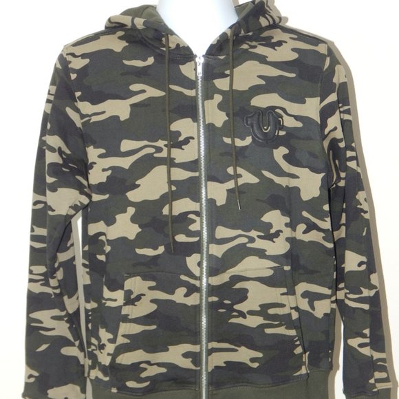 NWT MEN'S TRUE RELIGION Premium CORE ZIP UP Fleece Hoodie Jacket CAMO Sze LARGE - Picture 1 of 11